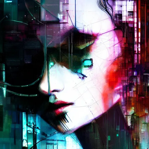 Image similar to beautiful young cyberpunk noir woman vr dreaming of a nightmare glitchcore world of wires, and machines, by jeremy mann, francis bacon and agnes cecile, and dave mckean ink drips, paint smears, digital glitches glitchart