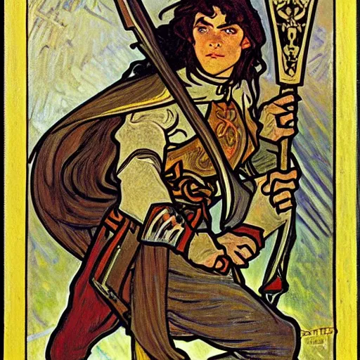 Prompt: painting of elf paladin with long dark hair fighting goblins with his sword, wearing armor, modest, art by alphonse mucha, vincent van gogh, egon schiele,