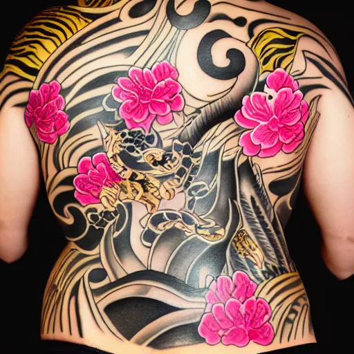 Image similar to photography of the back of a woman with a black detailed irezumi tatto representing a gold tiger with pink flowers on her entire back, dark hangar background, mid-shot, editorial photography