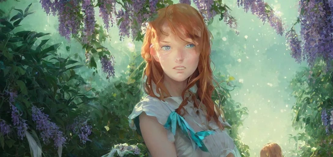 Image similar to a beautiful southern woman named Savannah, innocent, somber turquoise eyes, freckles, long ginger hair tied with white ribbon, sad under a wisteria plant, gentle lighting, storm in the distance, simple dress, digital art by Makoto Shinkai ilya kuvshinov and Wojtek Fus, digital art, concept art,