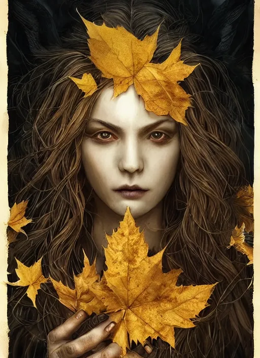 Image similar to golden leaves at frame border, creative!!! composition for a book cover!!!, absurdly beautiful, ultrafine hyperrealistic detailed old witch face by wlop and artgerm and greg rutkowski, intricate linework, sharp focus, smooth, octopath traveler, final fantasy, unreal engine, dramatic lighting, ethereal, 8 k