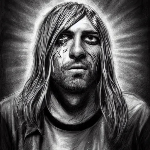 Image similar to surrealism grunge cartoon portrait sketch of Kurt Cobain, by michael karcz, loony toons style, freddy krueger style, horror theme, detailed, elegant, intricate