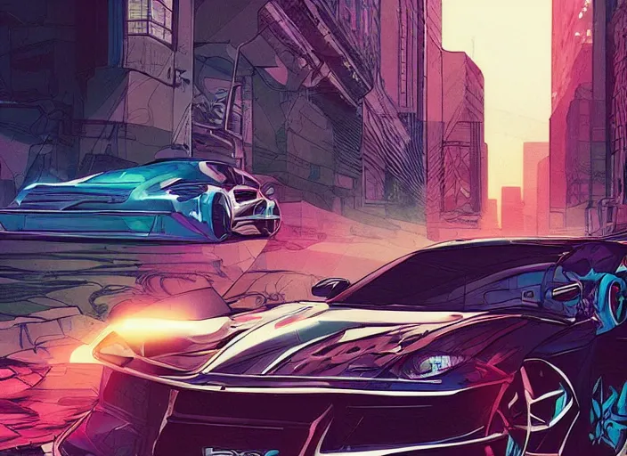 Image similar to a sport car in a city, sharp focus. cinematic pose, cinematic lighting, art by josan gonzales and moebius and deathburger.