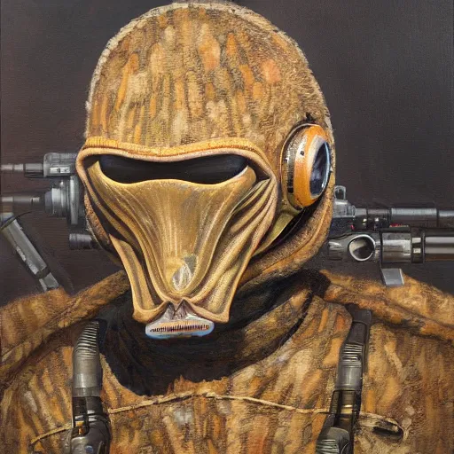 Image similar to portrait of an alien sniper in a ghille suit, oil painting, 8 k, high detailed,