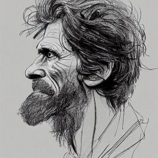 Image similar to a realistic yet scraggly portrait sketch of the side profile of a stern and sophisticated willem dafoe with a beard, trending on artstation, intricate details, in the style of frank auerbach, in the style of sergio aragones, in the style of martin ansin, in the style of david aja, in the style of mattias adolfsson