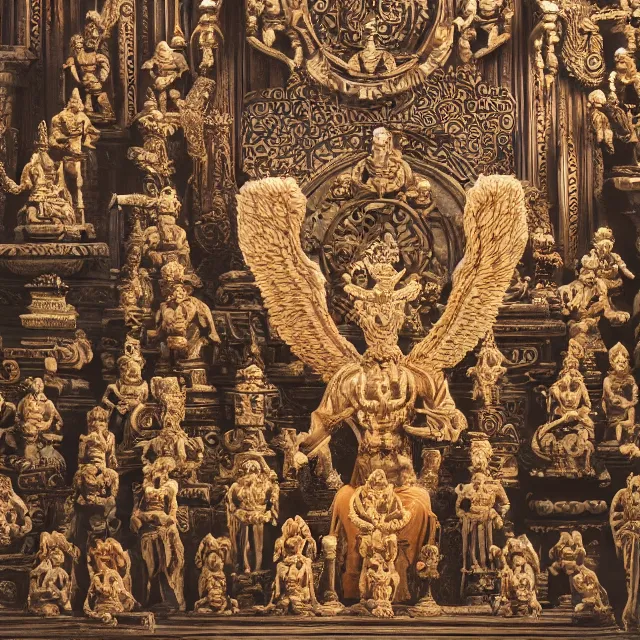 Prompt: blood temple, hindu ornaments, baphomet statue at the center surrounded by angel statues, movie film still, highly detailed, symmetry, award - winning photography, 1 2 0 mm