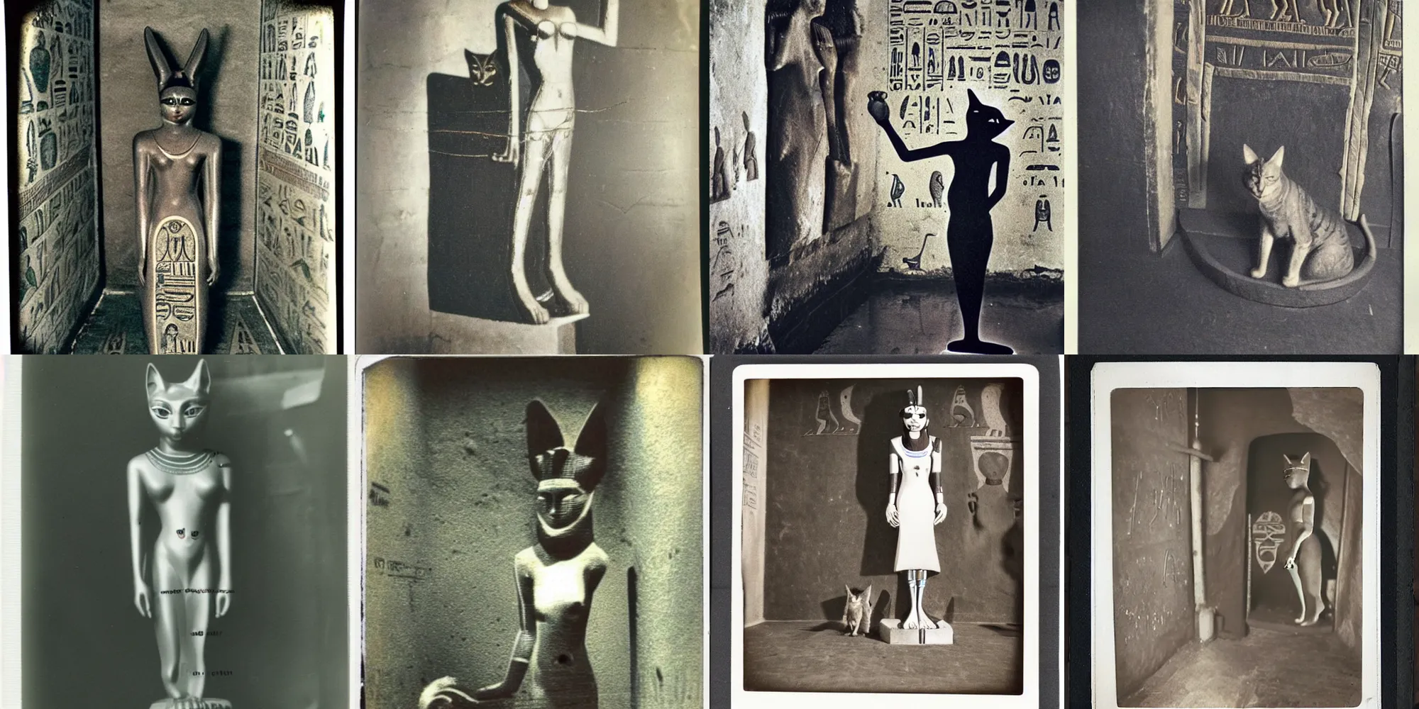 Prompt: old polaroid from 1 9 5 2 depicting anthropomorphic egyptian cat goddess bastet, female body, standing in a treasure chamber, hieroglyphs on wall