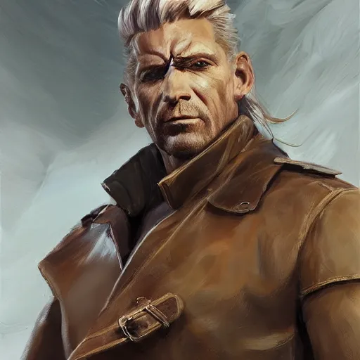 Image similar to portrait of a muscular, grim, ponytail haired blonde man in his late 30's, wearing a thick brown leather coat, looking to his side, half of the face scarred, hunter, DnD character, fantasy character, digital art by Ruan Jia, Krenz Cushart, Rossdraws and Boris Vallejo