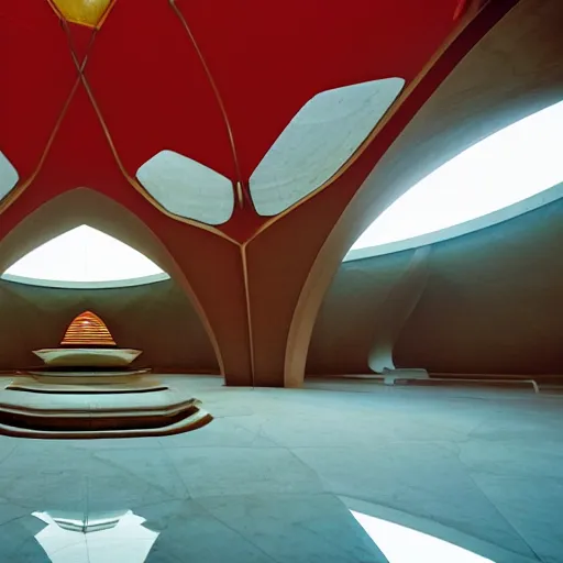 Image similar to interior of a futuristic lotus temple with gold, red and white marble panels, in the desert, by buckminster fuller and syd mead, intricate contemporary architecture, photo journalism, photography, cinematic, national geographic photoshoot