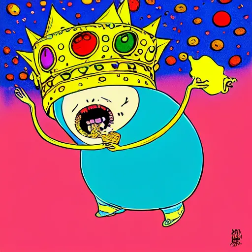 Image similar to trippy comic art of a obese pig wearing a gold crown throwing snack bags into the air, drawn by Martin Rowson, Tim Burton, Studio Ghibli, Alex Pardee, Nekro Petros Afshar, James McDermott, colors by lisa frank, unstirred paint, vivid color, cgsociety 4K