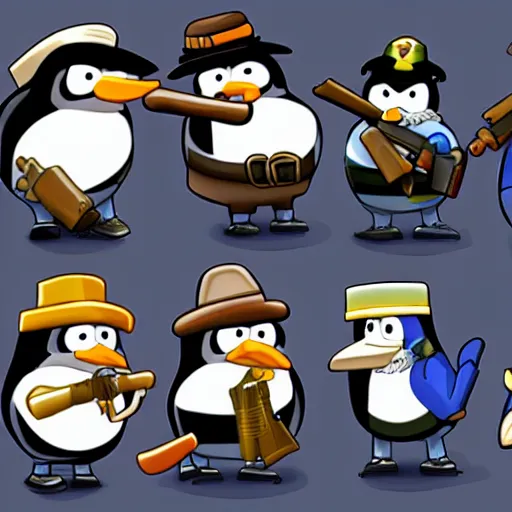 Image similar to club penguin mobsters with guns, scarface, the godfather, dark smoke, dystopian urban scene