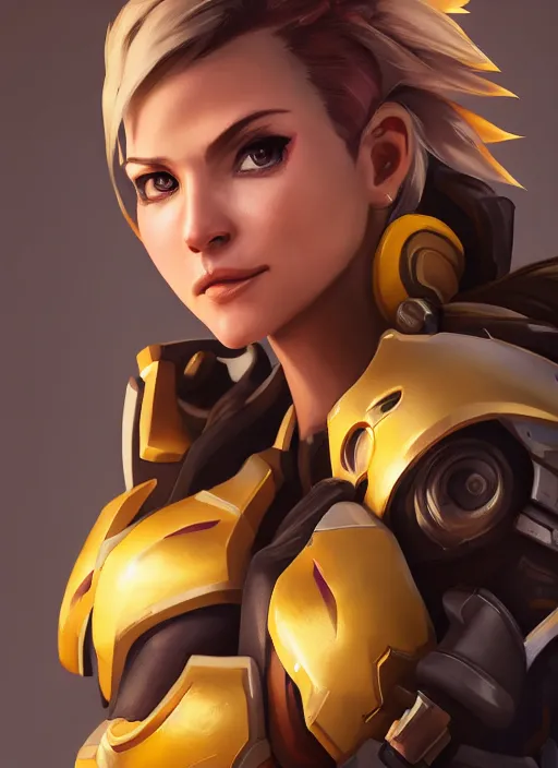 Prompt: a hyper realistic portrait of a female warrior wearing overwatch armor, tracer, mercy from overwatch, concept art, photograpphy, realisitic, back lit, cinematic ligting, 8 k, vray, concept armor, artstation
