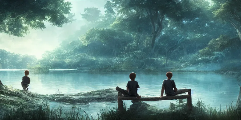 Image similar to a big silver dragon and a boy sitting next to lake in forest, many fireflys, at night, concept art, dof, cryengine, digital art, detailed background, makoto shinkai