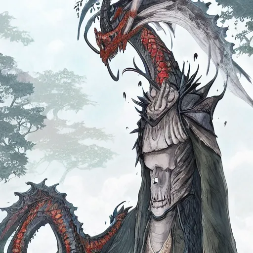 Image similar to concept art painting of an anthropomorphic dragon king with black robes, a long neck, and skull mask, in a deep forest, cel shaded, in the style of makoto shinkai and james gurney and studio ghibli and moebius