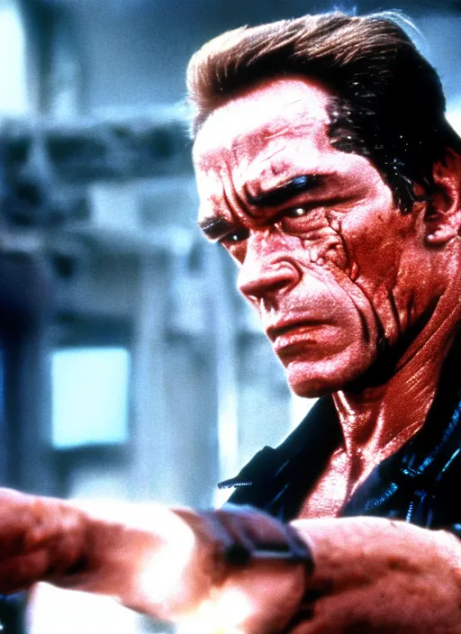 Image similar to film still of Tommy Lee Jones as The Terminator in The Terminator, 4k