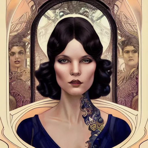 Image similar to an art nouveau, ( streamline moderne ), multi - racial portrait in the style of anna dittmann and donato giancola and chanthara. very large, clear, expressive, and intelligent eyes. centered, ultrasharp focus, dramatic lighting, photorealistic digital matte painting, intricate symmetrical ultra detailed background.