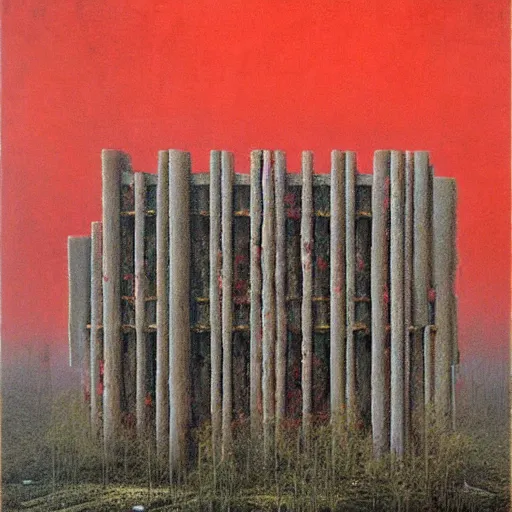 Image similar to surrealist painting of a brutalist building turning into meat, red webs, post apocalyptic, tropical landscape, painted by beksinski