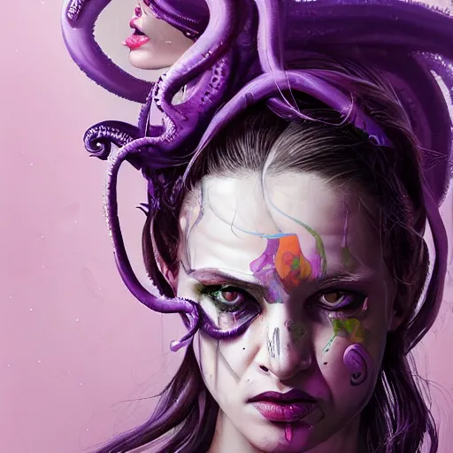 Image similar to art portrait of a furious girl with purple tentacles on her head, 8 k, by tristan eaton, stanley artgermm, tom bagshaw, greg rutkowski, carne griffiths, trending on deviantart, face enhance, hyper detailed, full of colour,