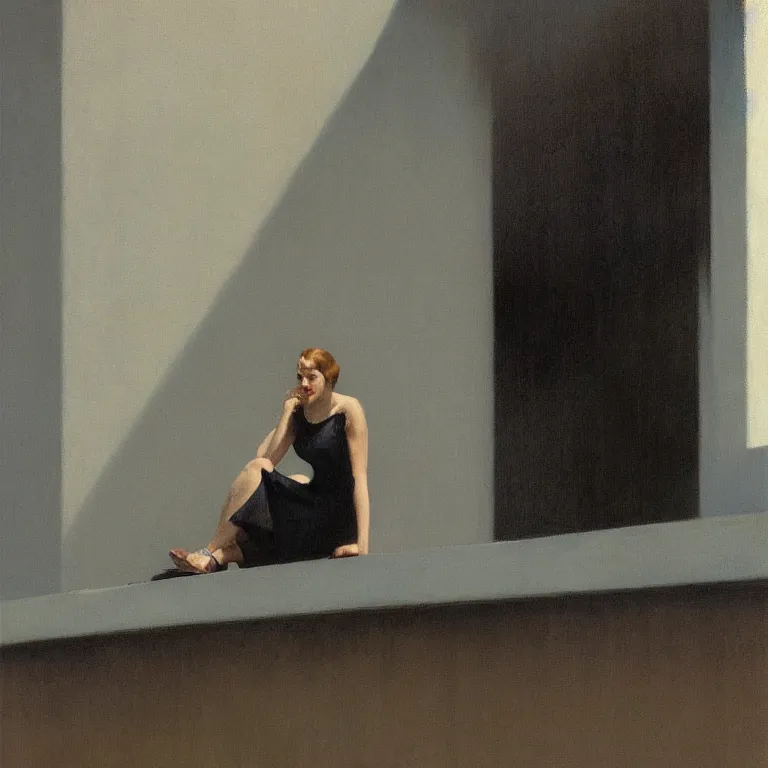 Image similar to woman sitting on a ledge, fog, early morning, , painted by Edward Hopper, Robert McGinnis, painted by Wayne Barlow, airbrush