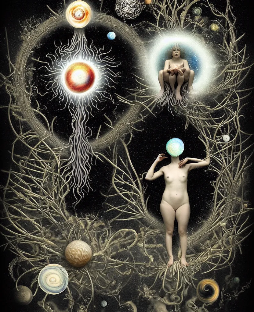 Image similar to whimsical uncanny creature radiates a unique canto'as above so below'ignited by the spirit of haeckel and robert fludd, breakthrough is iminent, glory be to the magic within, to honor jupiter, surreal collage alchemized by ronny khalil and stablediffusion