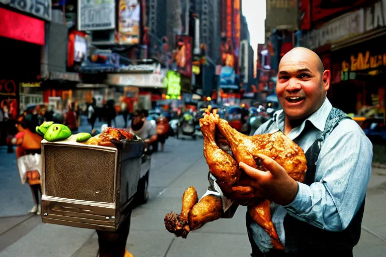 Prompt: closeup potrait of Shrek selling chicken in a new York street, natural light, sharp, detailed face, magazine, press, photo, Steve McCurry, David Lazar, Canon, Nikon, focus