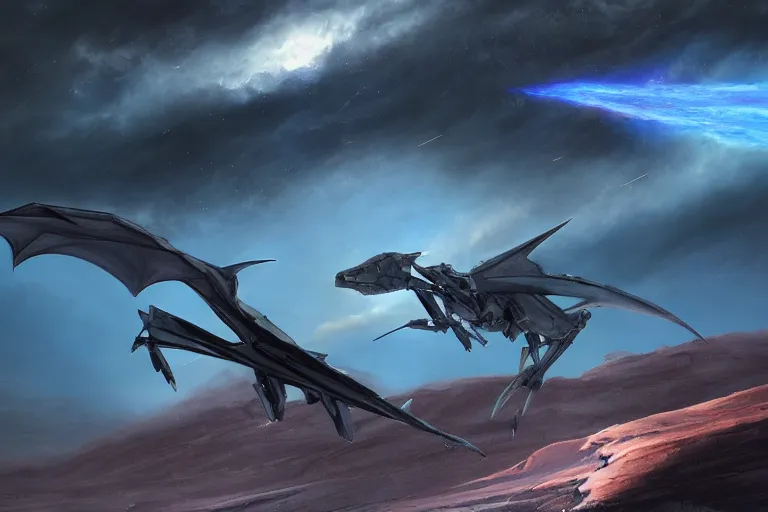 Prompt: ultra realistic cinematic lighting, lifelike, amazing detail, trending on art station, a pteranodon mecha fighter zooms through the dark primordial maelstrom void of an HR Giger a painted desert valley, contrails of smoke, nebula and cosmic sky, cinematic lighting, engines blazing robotech mecha styling by Jessica Rossier and John Berkey, cinematic, realistic