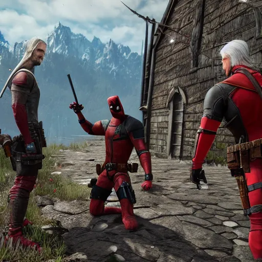 Image similar to Deadpool in Witcher 3 4K quality