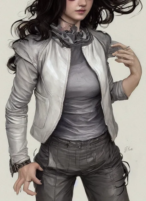 Image similar to girl in very short white! top and very short gray! leather jacket, open belly, long dark curly hair, high waist sweatpants, intricate, elegant, highly detailed, digital painting, artstation, concept art, smooth, illustration, art by artgerm and greg rutkowski and alphonse mucha