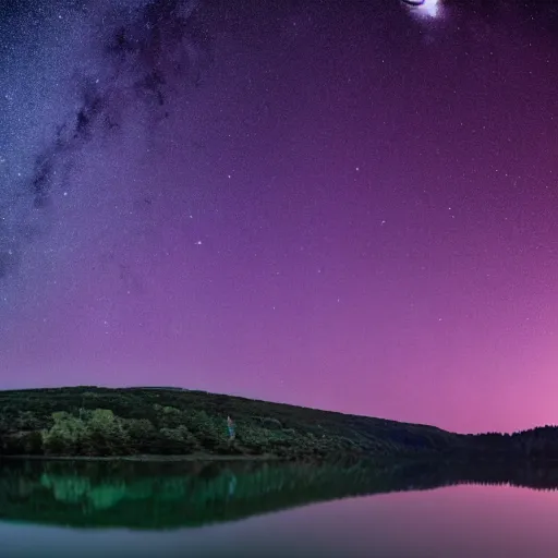 Prompt: Stunning 4K photograph of a lake covered in purple mist. All the stars in the night sky are completely black. The stars are black.