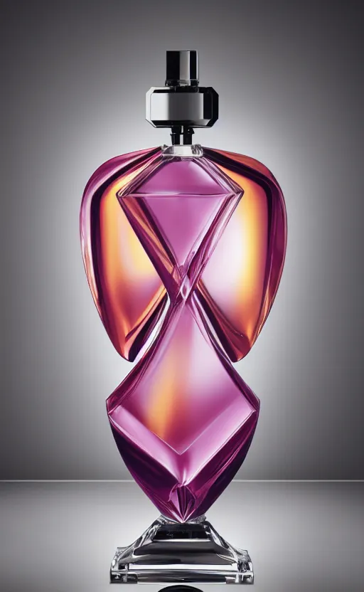 Image similar to a table lamp designed by armani in the shape of perfume, advertising photography, color gradient background