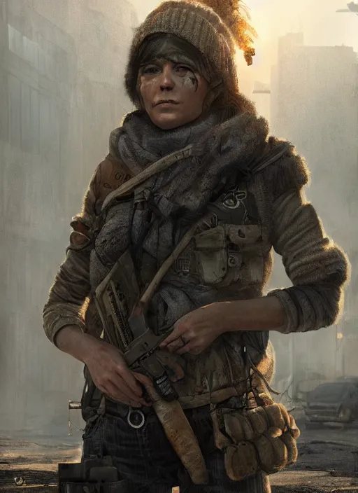 Image similar to portrait of a survivalist woman in a post apocalyptic city at dawn, beautiful digital concept art trending on artstation, ultra - realistic lifelike high details, realistic face, cinematic lighting