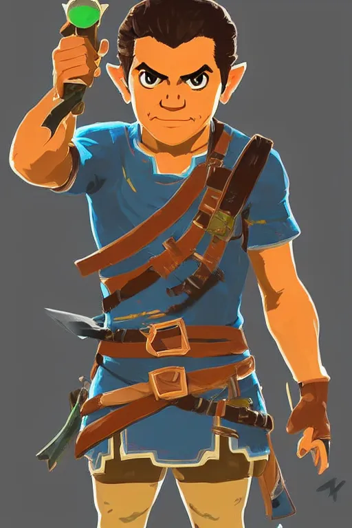 Image similar to an in game portrait of reggie fils aime from the legend of zelda breath of the wild, breath of the wild art style.