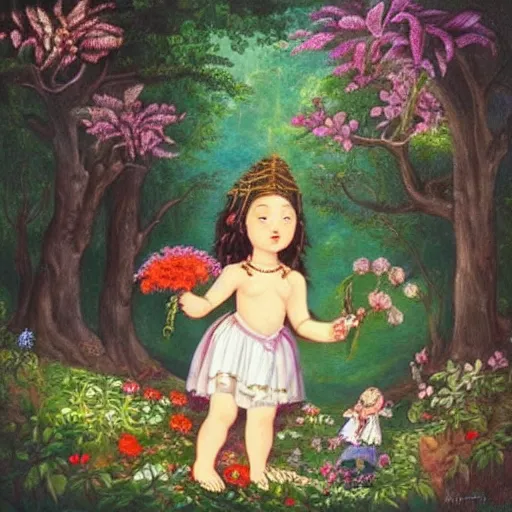 Prompt: “child girl goddess making a ritual with flowers in a magical forest, artwork”