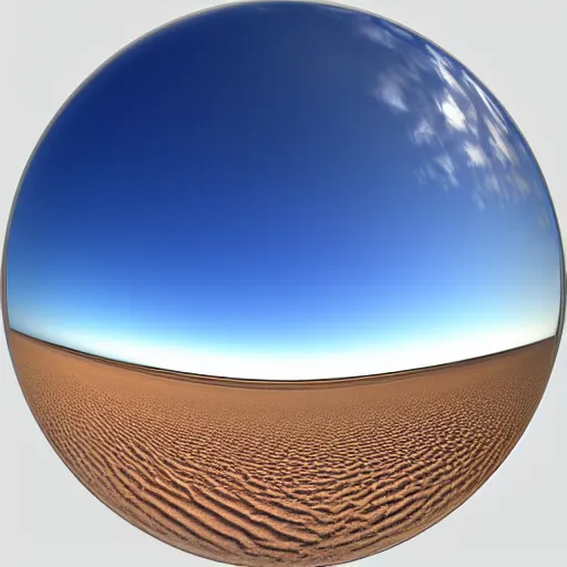 Image similar to macro photo bright day of a tiny sphere with a mirrored surface on the ground in the gobi desert 1996 3d render