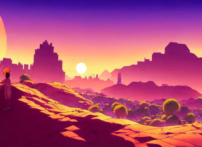 Image similar to cel shading background, science fiction pc game point - and - click adventure, studio ghibli, desert with city in the skyline, two suns, purple orange colors, sharp focus, illustration, highly detailed, digital painting, concept art, matte, art by wlop and artgerm and greg rutkowski, masterpiece