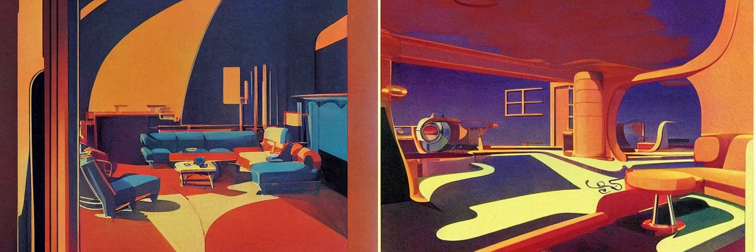 Prompt: glorious illustration by Jean Giraud, 1930s Art Deco vintage interior design magazine page by Syd Mead and Ralph Mcquarrie, interior concept art by Syd Mead, surrealist retro grand duplex interior concept art, by Edward Hopper, by Jean Giraud, art nouveau