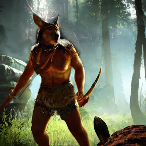 Prompt: spartan high on peyote at jungle campfire below full moon in the style of far cry primal, 8 k