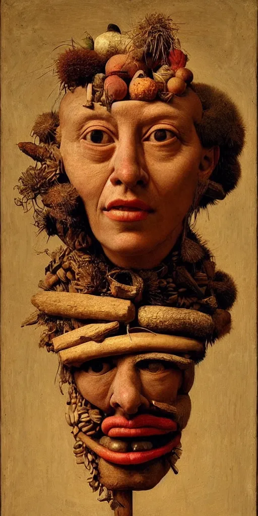 Image similar to very very beautiful portrait photo of 3d face made from primitive objects, Perfect face, extremely high details, realistic, by Giuseppe Arcimboldo, Edward Hopper, Rene Margitte,