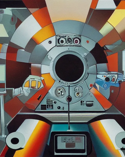 Image similar to a chrome face observing 8 0 s era technology, vintage shapes, retro technology, vintage color, wayne barlow, oil on canvas, deep depth of field, masterpiece, cinematic composition, hyperdetailed