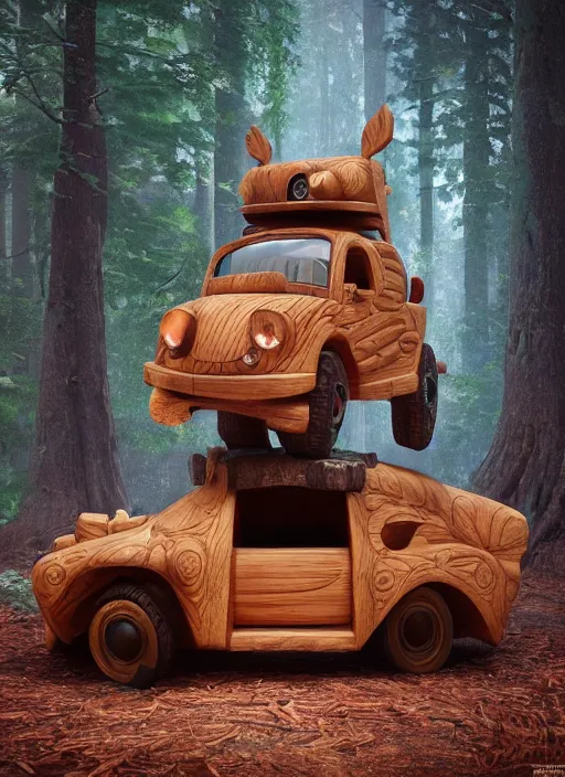 Prompt: a wood carved fancy car on a forest, art style by pixar dreamworks warner bros disney riot games arcane and overwatch, au naturel, hyper detailed, digital art, trending in artstation, cinematic lighting, studio quality, smooth render, unreal engine 5 rendered, octane rendered