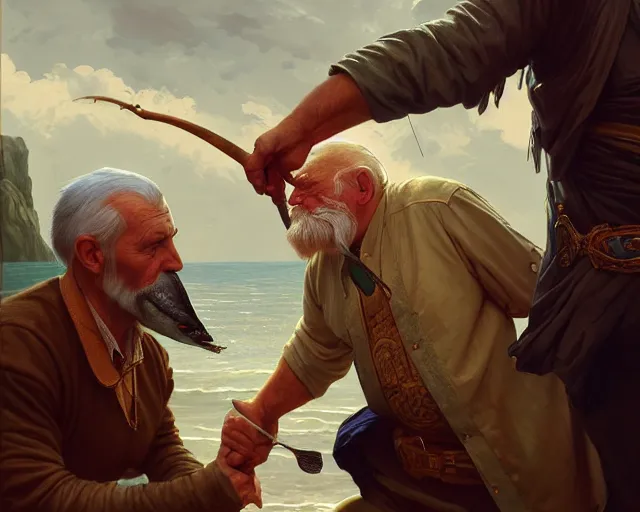 Image similar to detailed painting of an old man slapping a man with a fish, deep focus, d & d, fantasy, intricate, elegant, highly detailed, digital painting, artstation, concept art, matte, sharp focus, illustration, hearthstone, art by artgerm and greg rutkowski and alphonse mucha