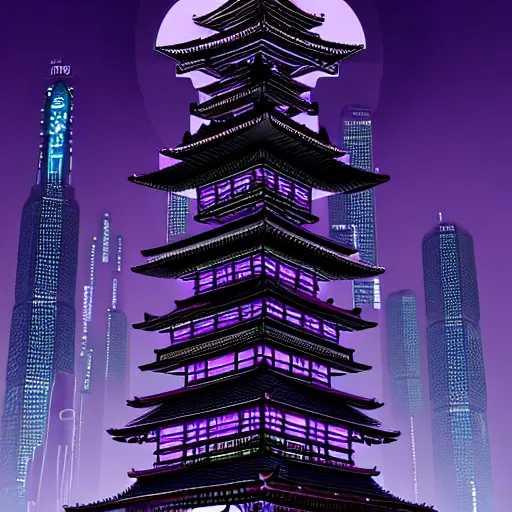 Image similar to Futuristic Pagoda Shrine in Tokyo megapolis in style of Tsutomu Nihei in purple and black tones. ArtStation, Cyberpunk, vertical symmetry, 8K, Highly Detailed, Intricate, Album Art.