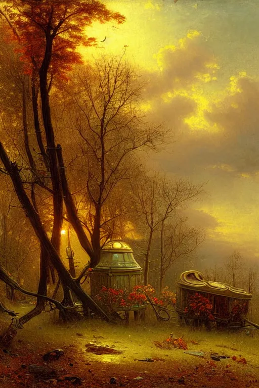 Image similar to detailed painting of a victorian living capsule architecture, autumn dusk, leaves, flowers, dead trees. filigree ornaments, andreas achenbach