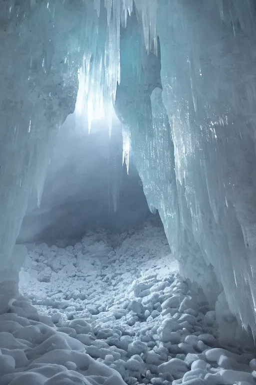 Prompt: brocken spectre, lost in the void, ice cave, stalactites and diamonds, magical aura