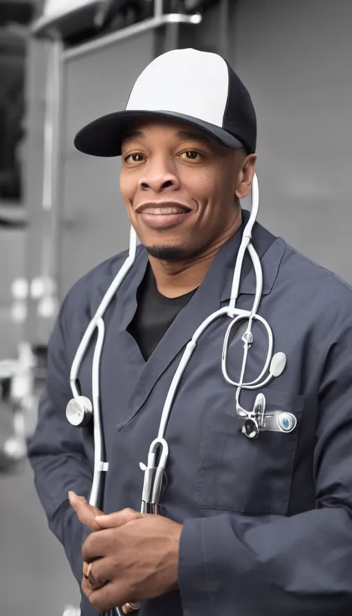 Prompt: dramatic award winning photo dr. dre wearing a stethoscope, lab coat, black baseball cap, in front of an ambulance outside of a hospital, low angle shot, cinematic lighting