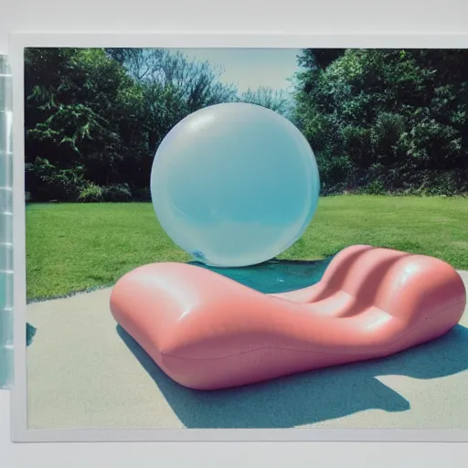 Image similar to a pastel colour high fidelity wide angle Polaroid art photo from a holiday album at a seaside with abstract inflatable parachute furniture, spheres and a sculpture, all objects made of transparent iridescent Perspex and metallic silver, a grid of sun beds iridescence, nostalgic