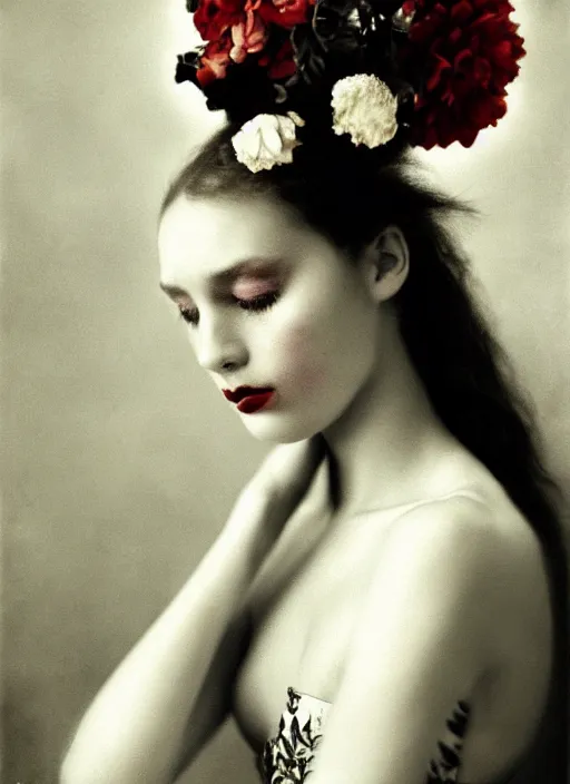 Prompt: stunning young girl With flowers in her hair, fine art portrait photography by Sarah Moon