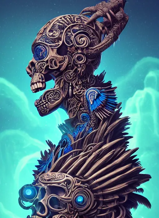 Image similar to 3 d shaman with tattoos profile portrait, sigma 5 0 0 mm f / 5. beautiful intricate highly detailed quetzalcoatl skull. bioluminescent, plasma, lava, ice, water, wind, creature, thunderstorm! artwork by tooth wu and wlop and beeple and greg rutkowski, 8 k trending on artstation