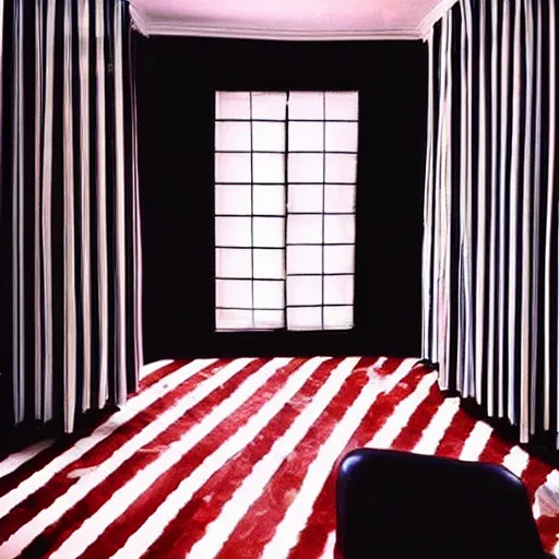 Prompt: “ a room with black and white chevron striped floors, red velvet drapes covering the walls, a black arm chair in the middle of the room, 1 9 8 0 s polaroid picture ”