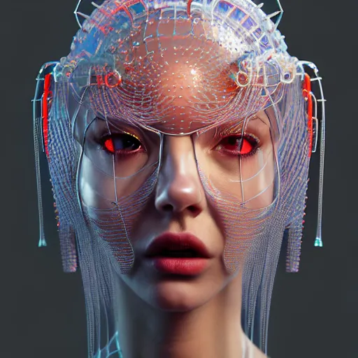 Prompt: portrait of an absurdly beautiful, graceful, sophisticated, fashionable cyberpunk mechanoid gravure idol, hyperdetailed illustration by irakli nadar, adut akech, matt wisniewski style, intricate linework, white porcelain skin, jellyfish headdress, crystal ruff, unreal engine 5 highly rendered, global illumination, red light, detailed and intricate environment